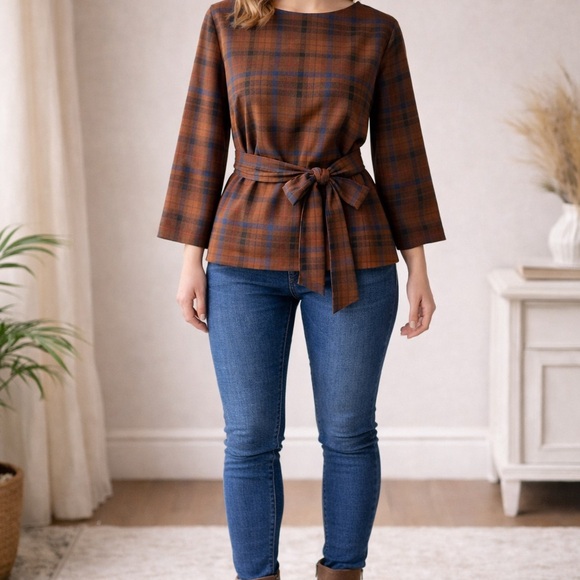 Ann Taylor Brown and Blue Plaid Blouse - Picture 2 of 5